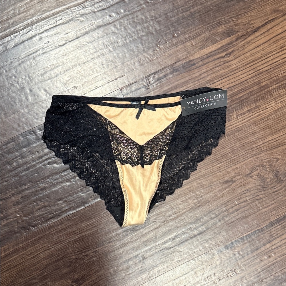 Yandy Black Lace & Nude Satin Bikini Brief